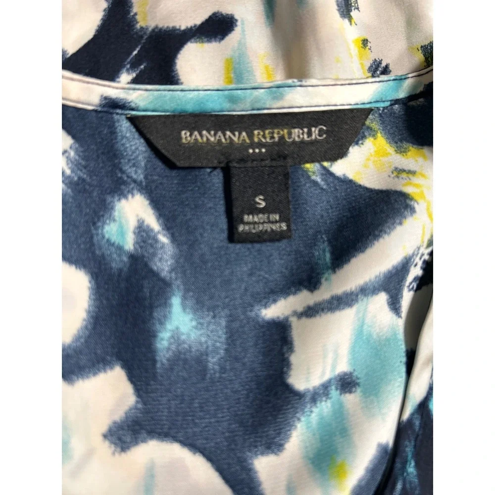 Banana Republic Womens Small Navy Teal Abstract Floral Ruched V-Neck Blouse Top